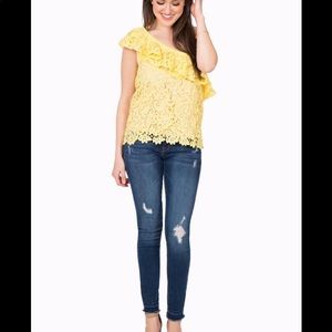 Oxford Sunday One Shoulder Lace Top in Yellow
